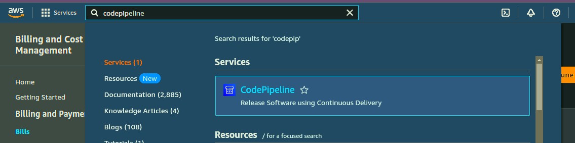 CodePipeline Option in AWS: Finding Pipeline from Search.